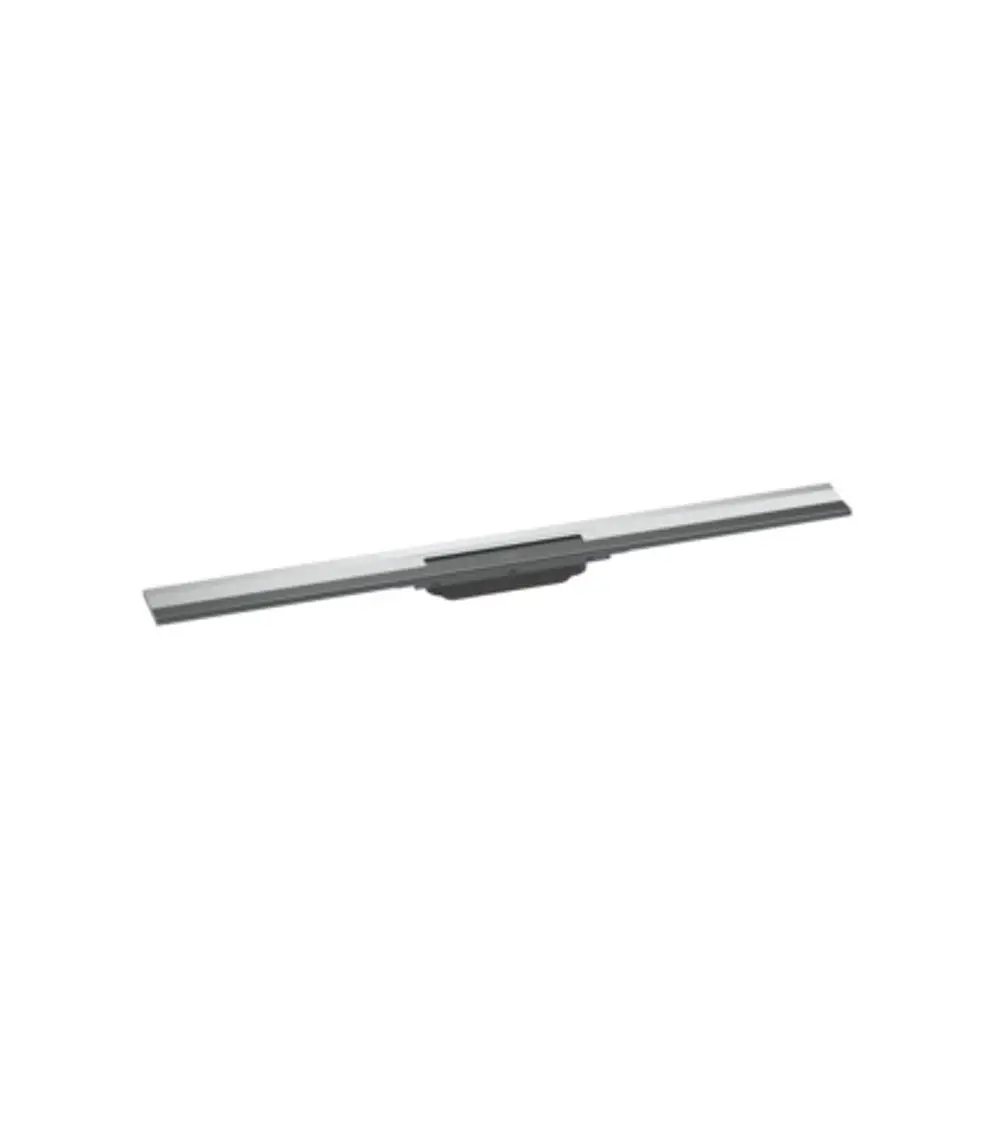 Hansgrohe Duschrinne in Chrom-Optik mit schmalem Design, geeignet für Wandmontage und anpassbar in der Länge, dargestellt auf weißem Hintergrund.